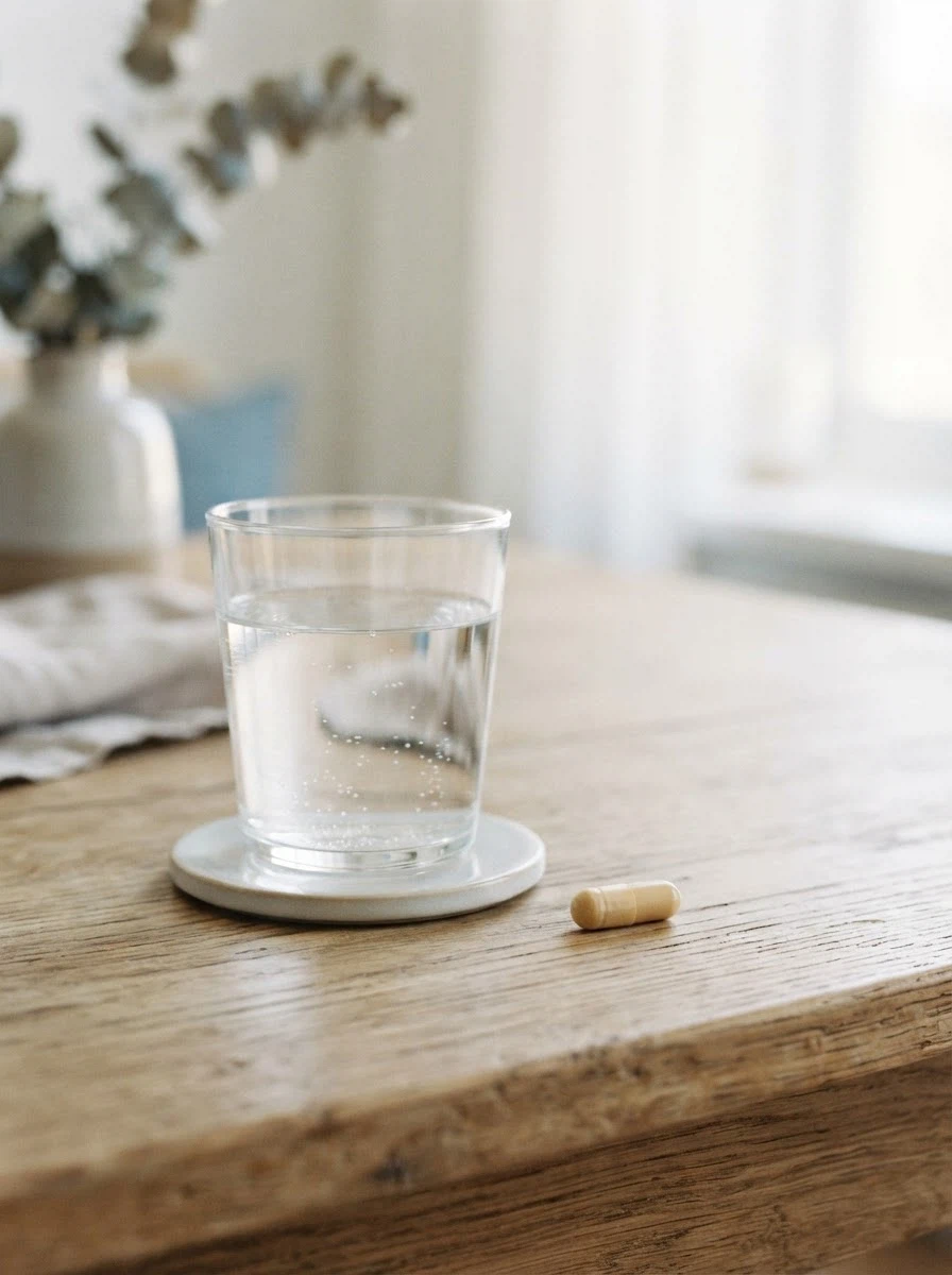 Novara Daily Reserve capsule with water glass on morning table